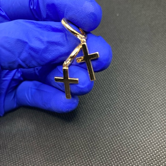 Cross Earrings Gold Huggie Hoop Dangle Drop - Picture 1 of 9